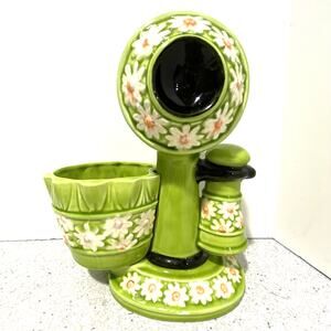 Vintage 1970 ceramic flower pot planter vase green white daisy candlestick phone
